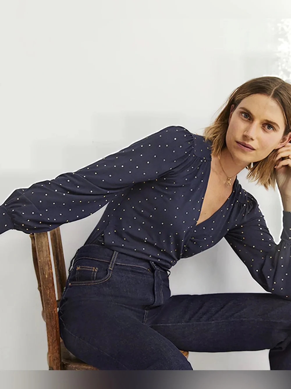 NWT BODEN Blouson Wrap Top Navy blue Gold Polka Dot Size 16/18